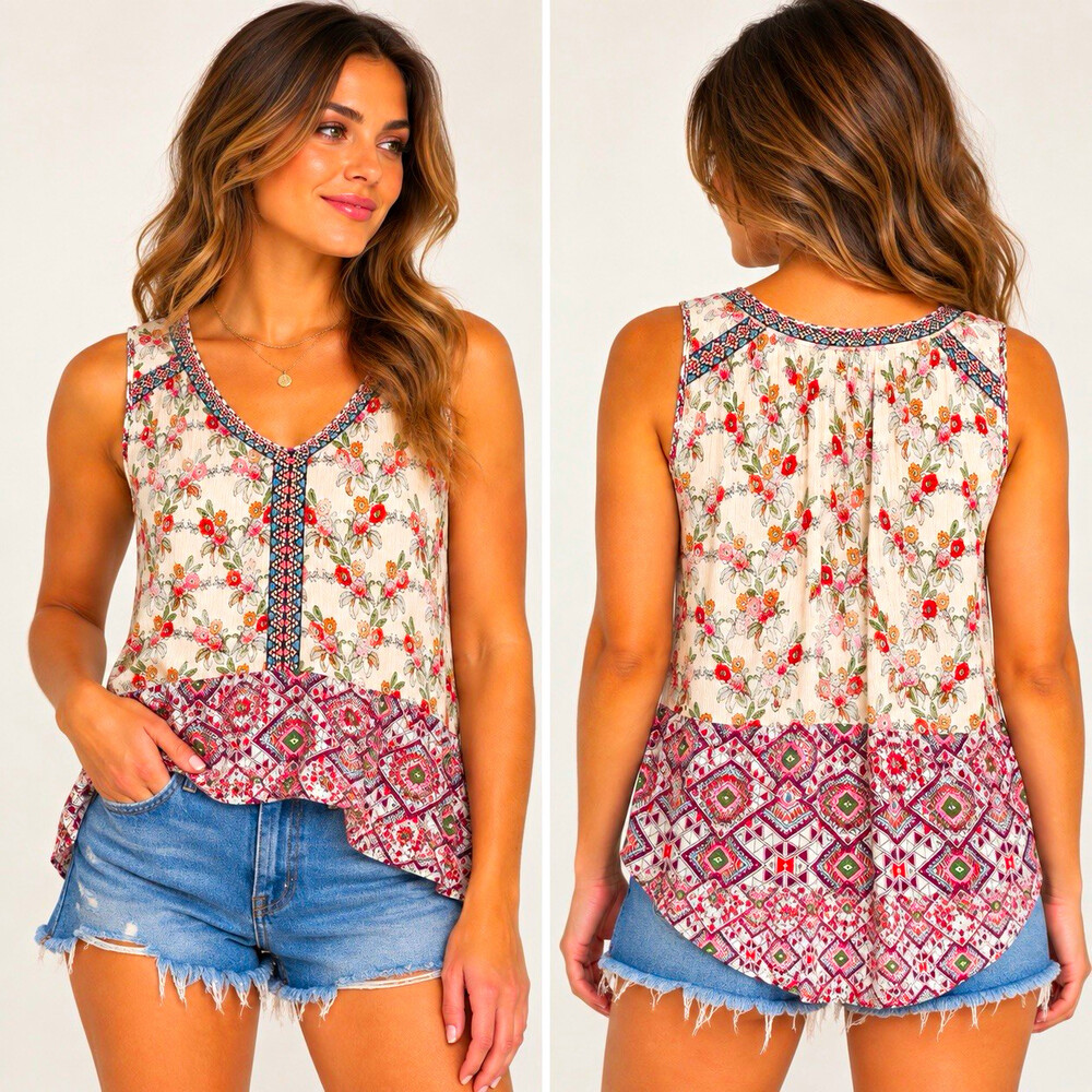 Patrons of Peace Women M Boho Tunic Top Floral Geometric Mixed Print Rayon